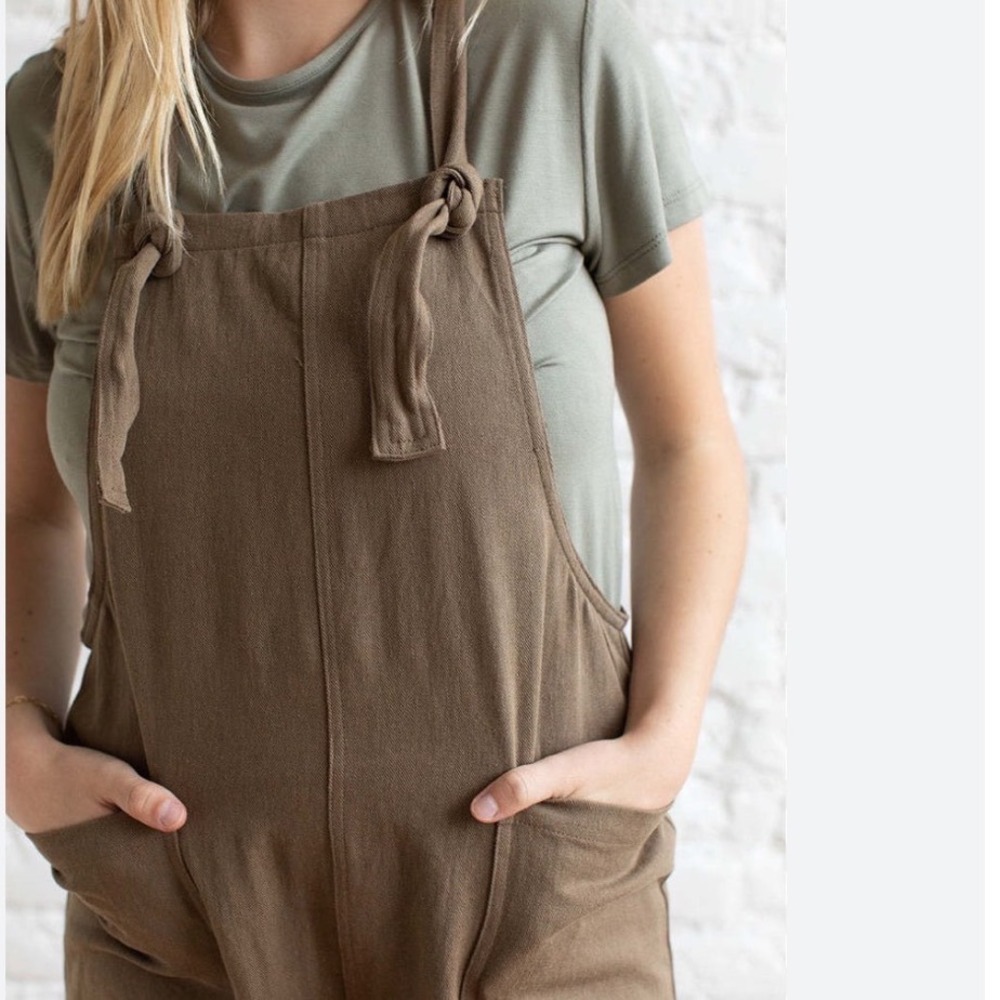 Miou Muse Brown Wide Leg Overalls Tie Shoulder Boho Relaxed Fit Linen Blend Sz S - Picture 3 of 8
